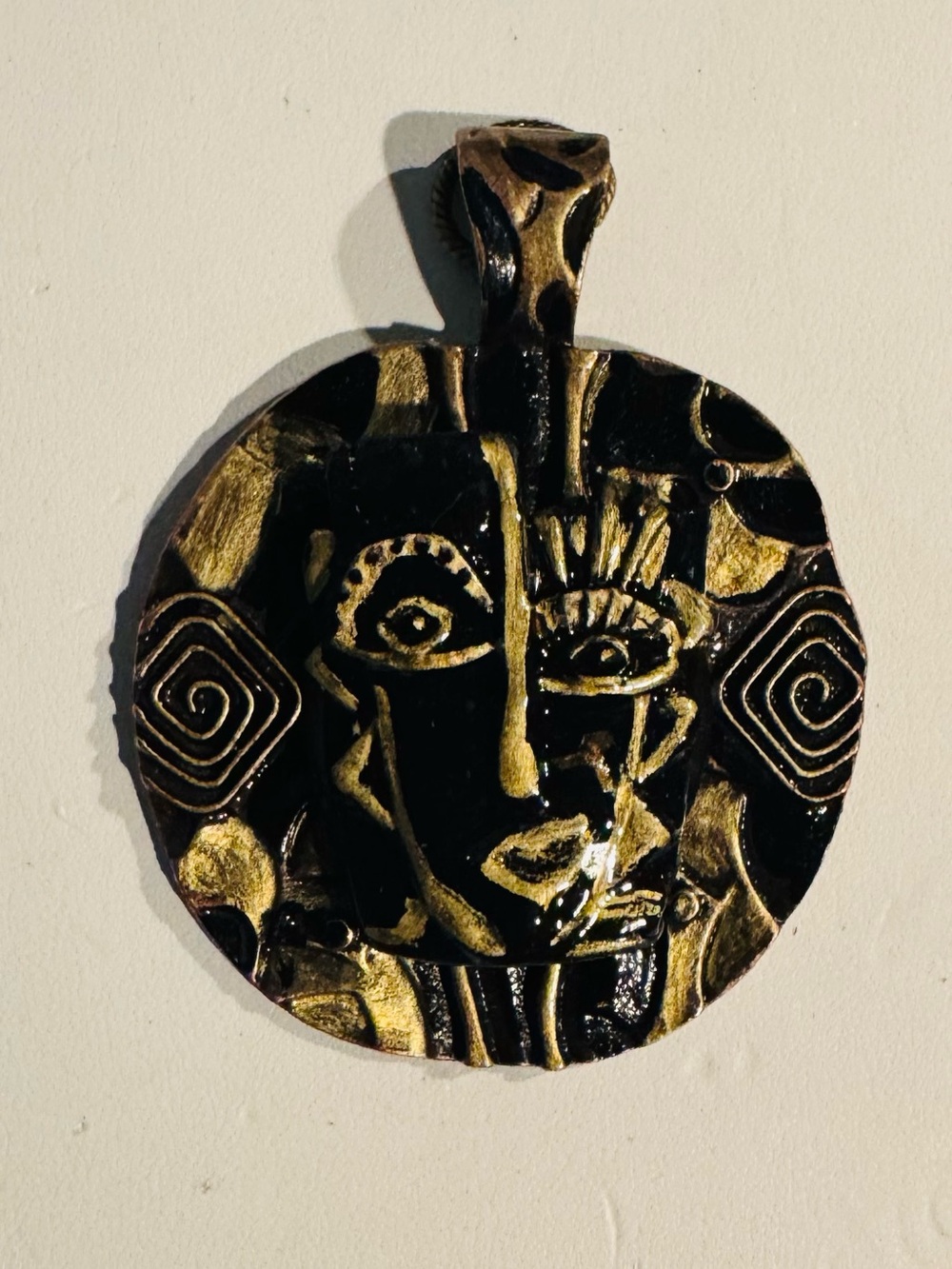 Handcrafted Black and Gold Abstract Face Pendant Necklace - Women